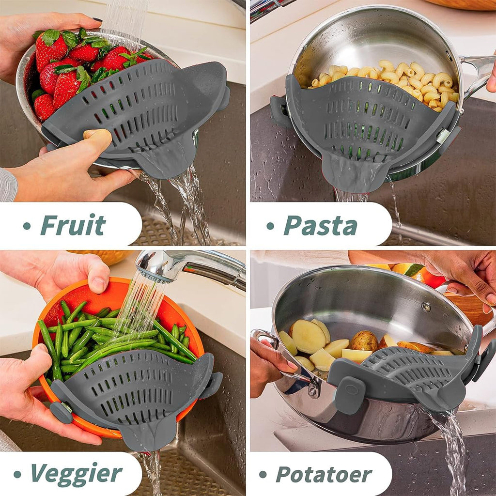 Clip on Strainer for Pots Pans, Silicone Clip-On Colander Pasta Strainer Heat Resistant Food Strainer Kitchen Gadgets for Meat Vegetables Fruit Noodles, Essential Home Cooking Tools - Gray